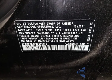 2012 Volkswagen Passat 2.5L Se z USA, uszkodzony, nr VIN 1VWBP7A37CC040744